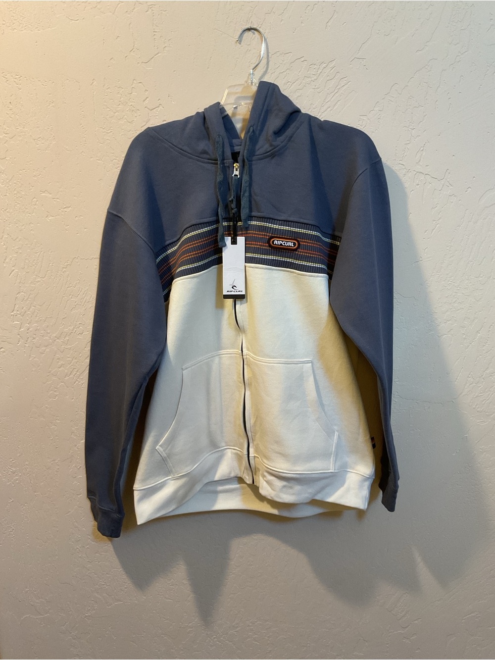 Rip Curl Men’s Navy and Cream Zip-Up Hoodie with Striped Chest medium